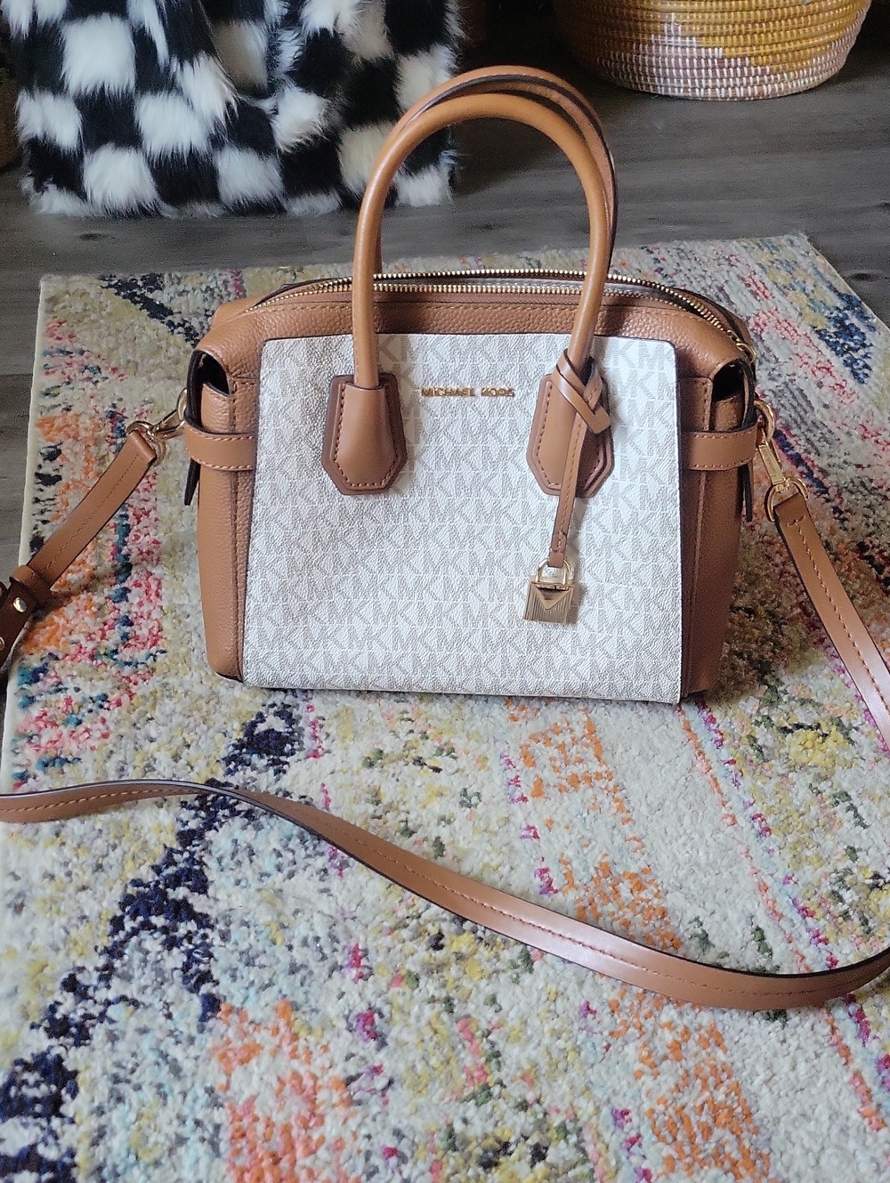 Michael Kors Two-Tone Signature Satchel in Vanilla and Tan